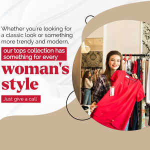 Woman holding a red top in a clothing store, promoting a women's tops collection.