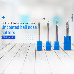 Close-up of four uncoated ball nose cutters in blue holders against a light blue and white background.