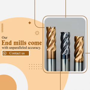 Close-up of three end mills with text promoting their accuracy.
