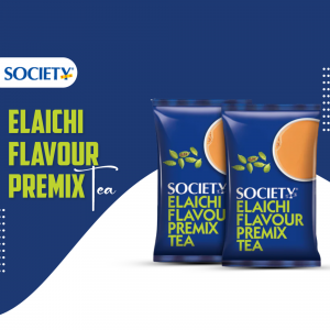 Two packets of Society Elaichi Flavour Premix Tea against a blue background.