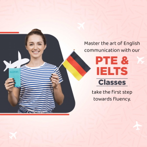 Woman holding a passport and German flag promoting PTE and IELTS classes
