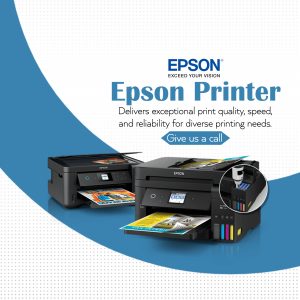 Epson printers with vibrant colors and a call to action.