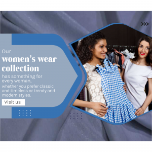 Advertisement for a women's clothing collection featuring two models in a clothing store.