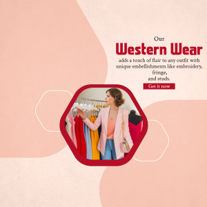 Woman browsing a rack of colorful western wear clothing.