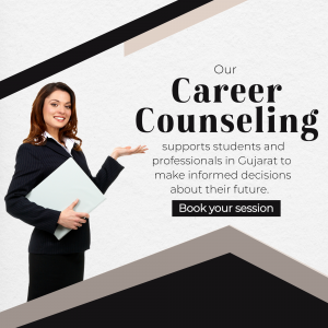 Image of a career counselor presenting information with text about career counseling support in Gujarat.
