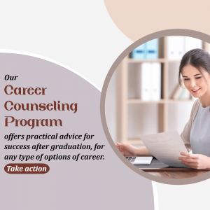 Woman reviewing documents with text about career counseling