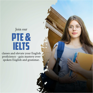 Young woman with books promoting PTE and IELTS classes