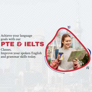 A woman studying with books and a coffee cup, promoting PTE and IELTS classes.