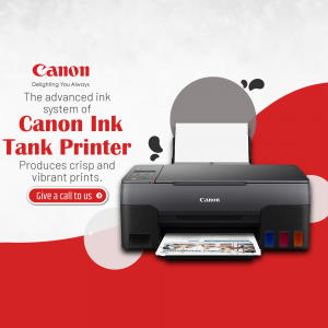 Canon Ink Tank Printer with vibrant colors and a call to action