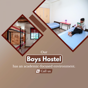 Interior view of a boys hostel with a student studying and bunk beds.