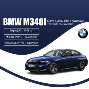 Side view of a blue BMW M340i XDrive with key specifications displayed.