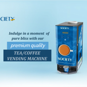 Society branded tea and coffee vending machine with a cup of coffee
