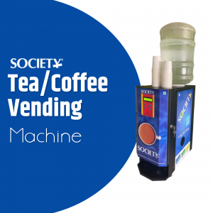 A vending machine dispensing tea and coffee with the Society brand logo.