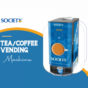 Society branded tea and coffee vending machine with a cup of coffee displayed on the screen.