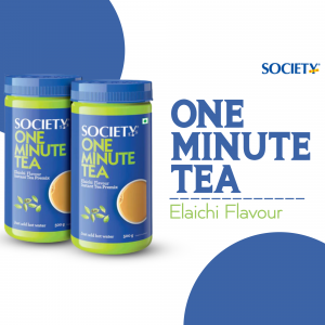 Two jars of Society One Minute Elaichi Tea against a blue background.