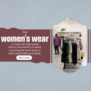 Image of a clothing store showcasing women's wear with a promotional banner.