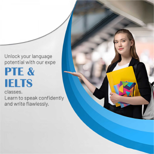 Young woman holding books promoting PTE and IELTS classes
