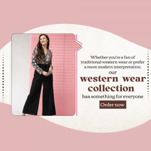 Woman wearing a black and white patterned top with black wide-leg pants, promoting a western wear collection.