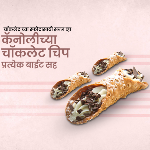 Close-up of three cannoli filled with white cream and chocolate chips on a pink striped background.
