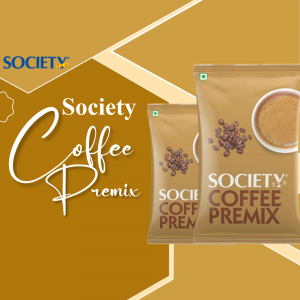 Packets of Society Coffee Premix with coffee beans and a cup of coffee