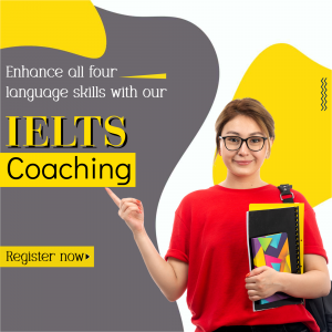 Woman with glasses pointing at text promoting IELTS coaching