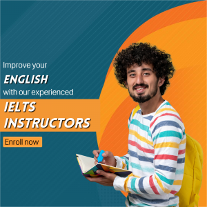 A young man studying with an open book, promoting IELTS courses.