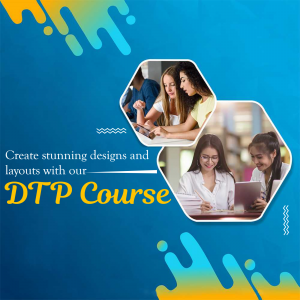 Image promoting a DTP (Desktop Publishing) course with students using digital devices.