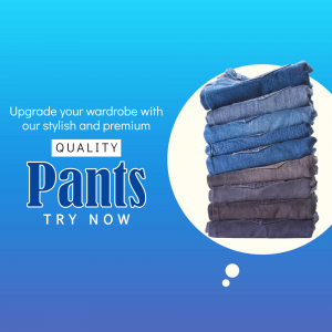 Stack of blue denim jeans with promotional text