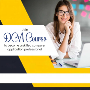 Young woman smiling and working on a laptop with a DCA course advertisement.