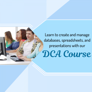 Students in a classroom learning data management skills with a DCA course advertisement.