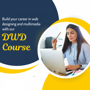 Woman working on a laptop with DWD Course promotion