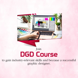 Laptop with graphic design software and text promoting a DGD Course