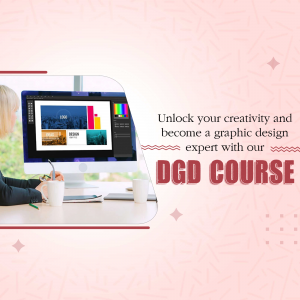 Woman working on graphic design on a computer with course promotion