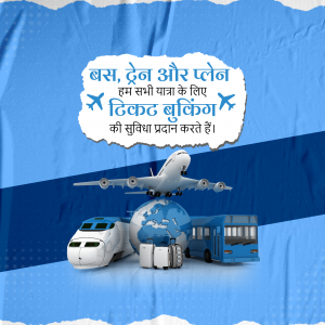 Advertisement for bus, train, and flight ticket booking with images of travel modes and a globe.