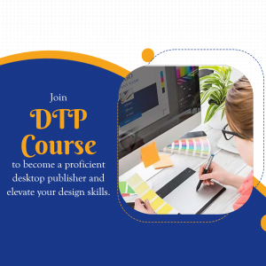 Image promoting a Desktop Publishing (DTP) course with a person working on a design project.