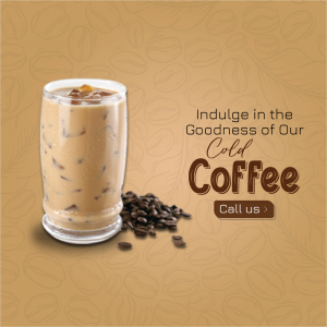 Glass of iced coffee with coffee beans and promotional text