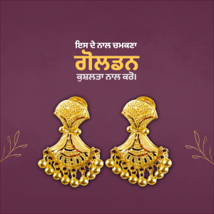 Close-up of ornate gold earrings with floral accents on a deep purple background.