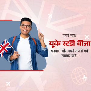 Young man with backpack holding flags and pointing upwards, promoting study visa services.