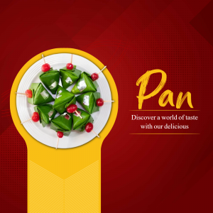Close-up of green betel leaf (Pan) with cherries on a white plate, presented in a vibrant promotional image.