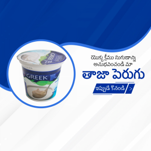 Close-up of a Chobani Greek yogurt container with Telugu text.