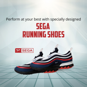 Pair of SEGA running shoes on a gradient blue background