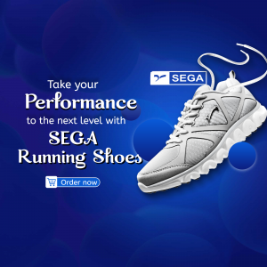 SEGA running shoes advertisement with a dynamic blue background.