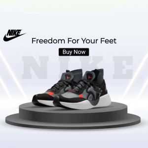 Nike shoes on a pedestal with the tagline 'Freedom For Your Feet'