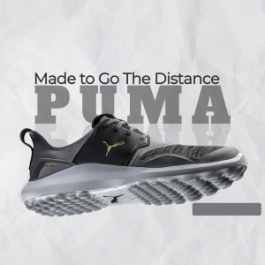 Black and gold Puma golf shoe with the tagline 'Made to Go The Distance'