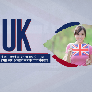 Woman holding a UK flag with UK map and text about visa application