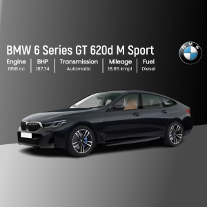 Dark blue BMW 6 Series GT 620d M Sport car with specifications listed