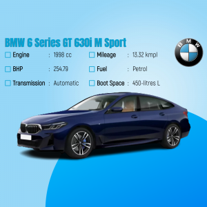 Blue BMW 6 Series GT 630i M Sport car with specifications