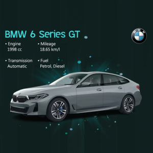 Side view of a grey BMW 6 Series GT with vehicle specifications.