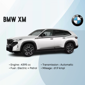 White BMW XM SUV with key specifications displayed