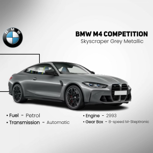 Side view of a grey BMW M4 Competition with specifications listed below.